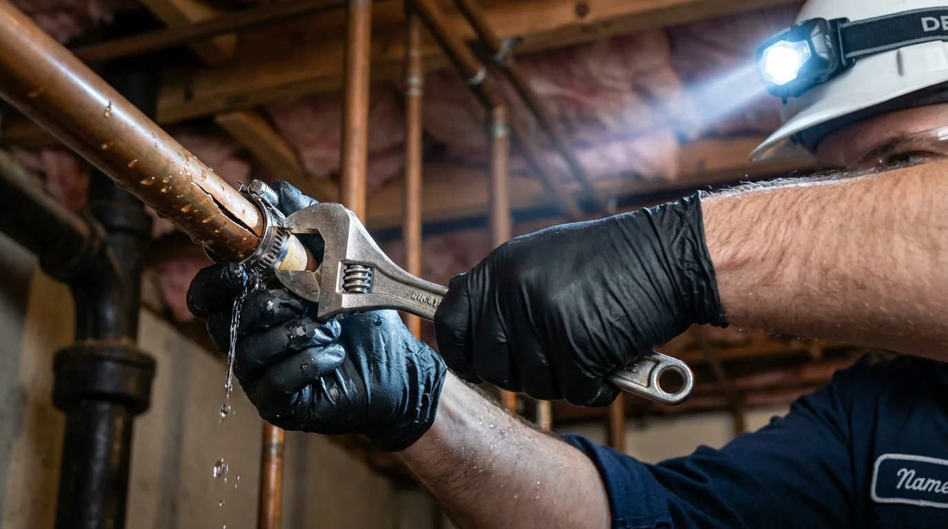 Emergency pipe clamp repair being performed by a Johns Plumbing LLC plumber in Oxford