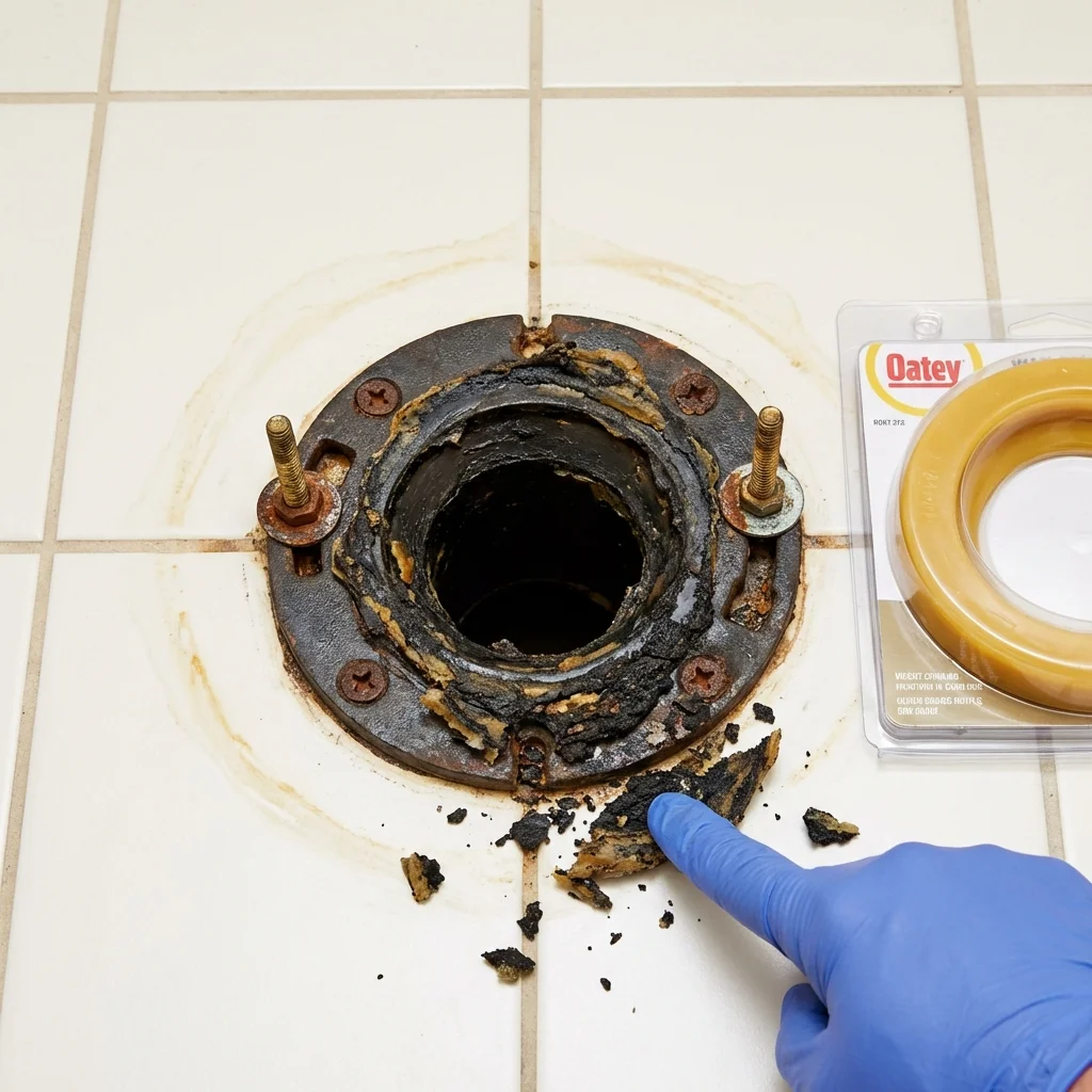 Failed wax ring showing water seepage at the base of a toilet in a Oxford, GA home
