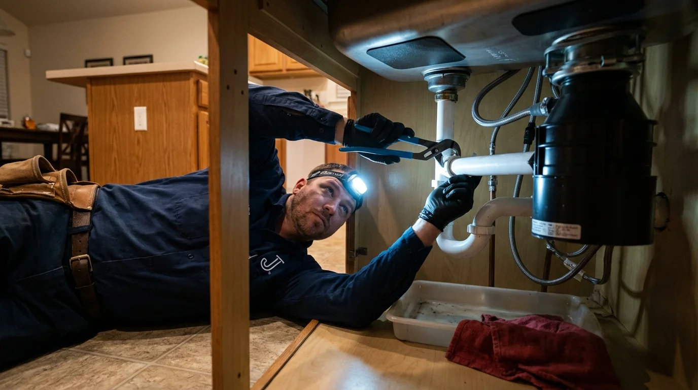 P-trap and supply line connections under a kitchen sink showing a common leak point in Oxford, GA
